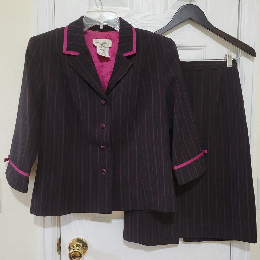 Miss Dorby Skirt Suit Set Black Magenta Pinstripe Blazer Skirt Size 10 Office